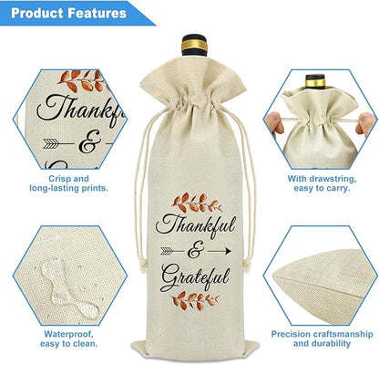 Thankful Grateful Wine Bag Thanksgiving Fall Theme Gift Thank You Gift for Friends Coworker Dad Mom Grandparents Autumn Holiday Halloween Christmas Birthday Gift for Women Men Reusable Wine Bottle Bag