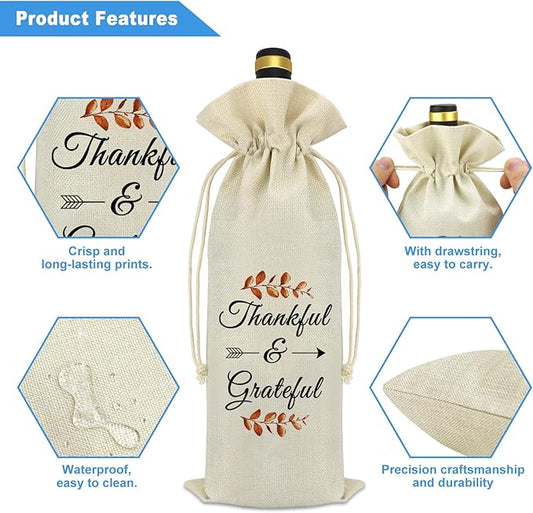 Thankful Grateful Wine Bag Thanksgiving Fall Theme Gift Thank You Gift for Friends Coworker Dad Mom Grandparents Autumn Holiday Halloween Christmas Birthday Gift for Women Men Reusable Wine Bottle Bag