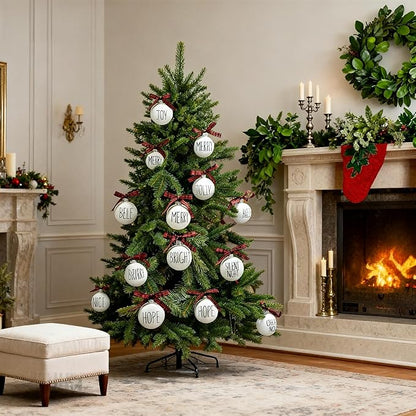 Christmas Decoration, White Christmas Ornament with Buffalo Plaid Bows, Christmas Tree Decor, Set,12PCS