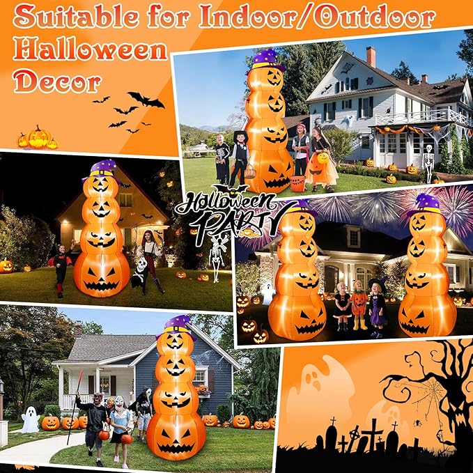 B&D 8FT Halloween Inflatable Outdoor Decoration Stacked Pumpkins with Witch’s Hat, Inflatable Halloween Decorations Blow up Pumpkin Built-in LEDs for Holiday Party Indoor Outdoor Yard Garden Lawn