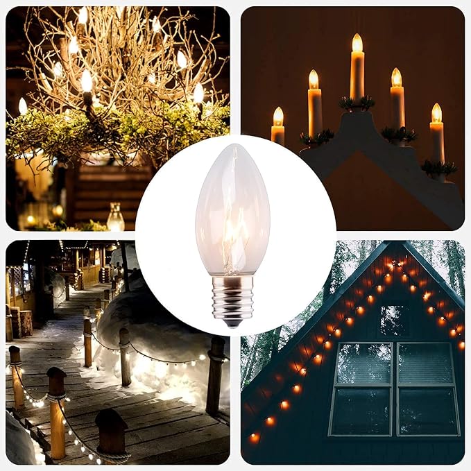 25 Pack C9 Clear Incandescent Bulbs, C9 Christmas Light Bulbs Replacement Light Bulb, 7 Watt Night Light Bulbs C9/E17 Intermediate Base, Candle Light Bulb