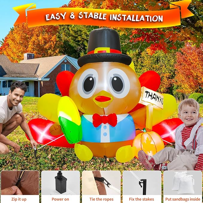 BOHON 5.3 FT Long Inflatable Turkey Outdoor Thanksgiving Decoration with Colorful Big Tail & Pilgrim Hat, Built-in LED Lights, Blow Up Yard Decoration for Yard Indoor Party Garden Lawn Decor
