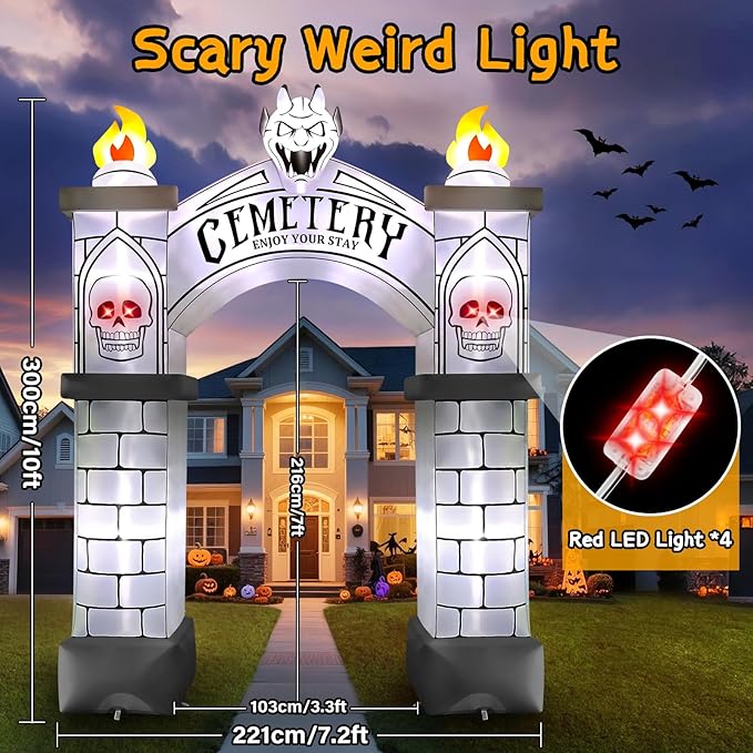 Kalolary 10FT Halloween Archway Inflatables, Giant Haunted Cemetery Arch Inflatable with LED Lights Scary Halloween Outdoor Blow Up Decoration for Yard Garden Lawn Holiday Party Decors