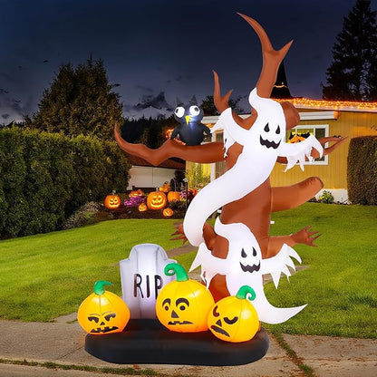 8 FT Halloween Inflatables Outdoor Decorations, Giant Blow Ups Flying Ghosts Pumpkin Tree with Build-in LED Lights, Funny Yard Garden Decoration for Halloween Party Indoor Outdoor