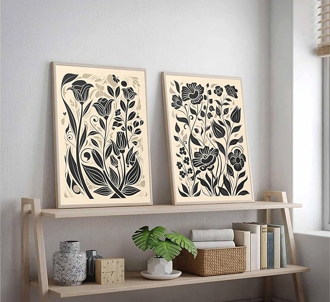 2 Pcs Boho Abstract Floral Canvas Wall Art Modern Minimalist Neutral Beige and Black Floral Botanical Wall Decor Poster Print Artwork for Living Room Bedroom Office Home Decoration Unframed