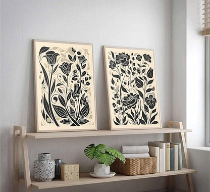 2 Pcs Boho Abstract Floral Canvas Wall Art Modern Minimalist Neutral Beige and Black Floral Botanical Wall Decor Poster Print Artwork for Living Room Bedroom Office Home Decoration Unframed