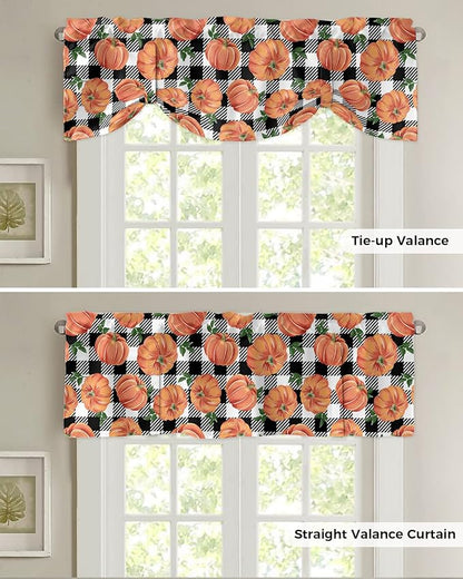Fall Blackout Tie Up Valance Curtains for Kitchen Windows Thanksgiving Halloween Pumpkins Window Toppers Balloon Shades for Living Room/Bathroom/Bedroom,42" X 18" Farmhouse Black White Buffalo Plaid