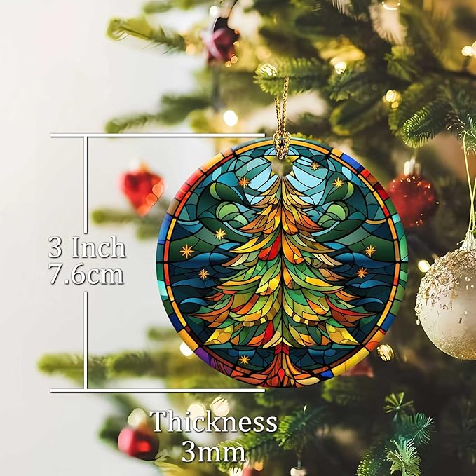 Christmas Tree Ornament Round Ceramic Stained Glass Style Ornament Star Xmas Keepsake for Christmas Tree Winter Holiday Xmas Gift for Women Men Xmas Hanging Ornament 3"