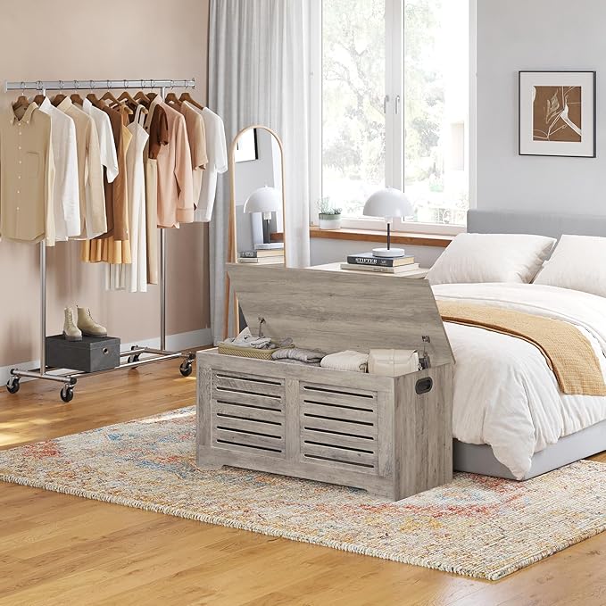 DINZI LVJ Storage Chest, 39.4”Wooden Toy Box with 2 Safety Hinges, Retro Entryway Shoe Storage Bench with Flip-Top, Sturdy Large Storage Trunk for Living Room, Bedroom, Easy Assembly, Greige