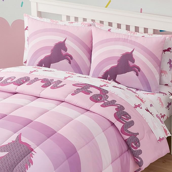 Kids Bedding Set Bed in a Bag for Boys and Girls Toddlers Printed Sheet Set and Comforter, Full, Unicorn Forever