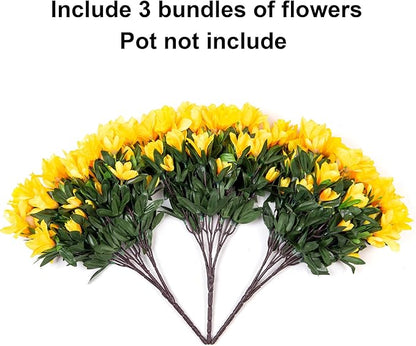 Artificial Flowers for Outdoors, 3 Bundles Fake Silk Azalea Bouquet Faux Flower Plants Outside Decoration UV Resistant Realistic Fake Flowers for Planter Front Door Patio Garden Walkways Home, Yellow