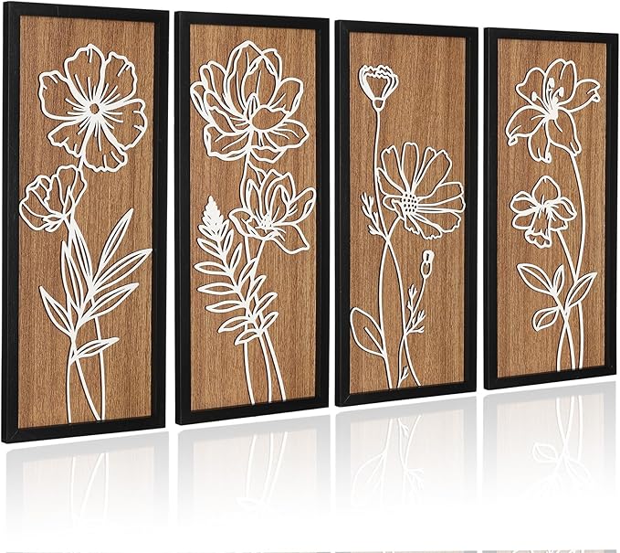 Wesiti 3D Wooden Floral Wall Art Set of 4 Lightweight Ready to Hang Framed Flower Wall Decor for Living Room Bedroom Office Boho Botanical Rustic Farmhouse Decorations Gift Boxed