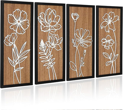 Wesiti 3D Wooden Floral Wall Art Set of 4 Lightweight Ready to Hang Framed Flower Wall Decor for Living Room Bedroom Office Boho Botanical Rustic Farmhouse Decorations Gift Boxed