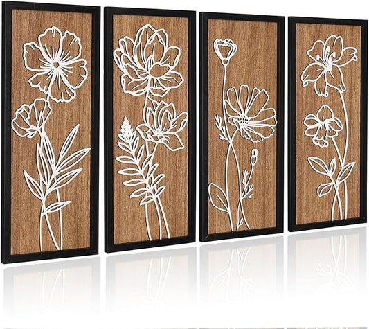 Wesiti 3D Wooden Floral Wall Art Set of 4 Lightweight Ready to Hang Framed Flower Wall Decor for Living Room Bedroom Office Boho Botanical Rustic Farmhouse Decorations Gift Boxed