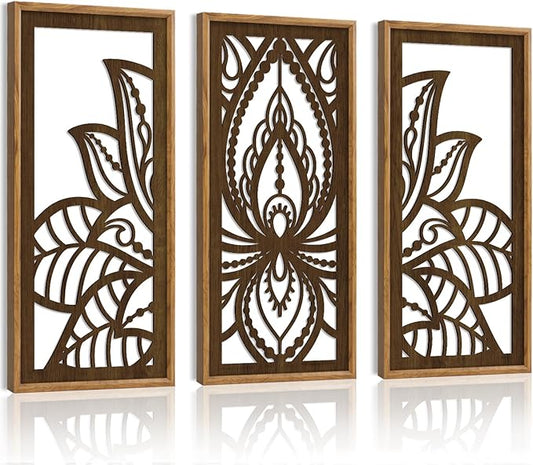 HPNIUB 3PCS Lotus Flower Wall Decor, Mandala Carved Wood Sign for Yoga Room, Spiritual Meditation Wooden Hanging Plaque Home Decor for Living Room Office Bathroom Decoration(8x16Inch)