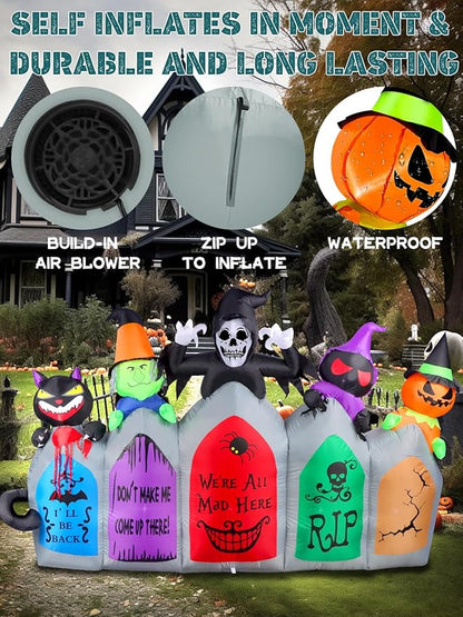 Kalolary 8FT Long Halloween Inflatable Decoration,Blow Up Yard Decoration with Pumpkin Ghost Witch Grim Reaper Black Cat Black Bat Tombstone Build-in Light Decor for Garden Lawn Indoor Outdoor