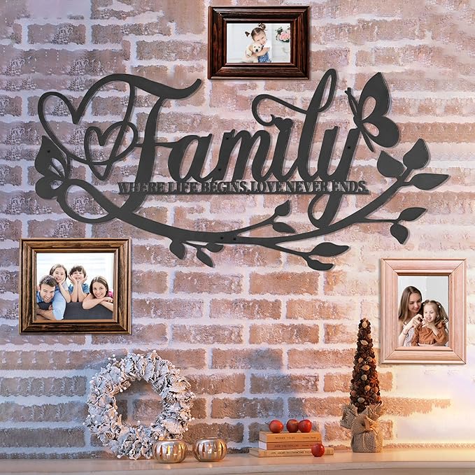 Family Where Life Begins Love Never Ends Word Sign Metal Wall Decor, 27x14in Large Black Iron Wall Art Plaque Decorations, Letters Quotes Wall Hanging Décor for Living Room Bedroom