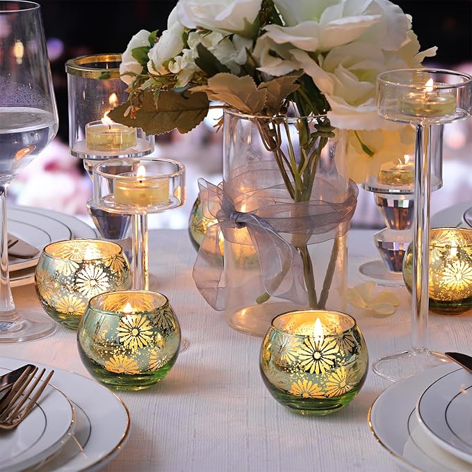 Green Mercury Glass Votive Candle Holders Set of 12, Round Tealight Candle Holders Bulk for Table Centerpieces, Weddings, Shower Gifts, Party Decorations
