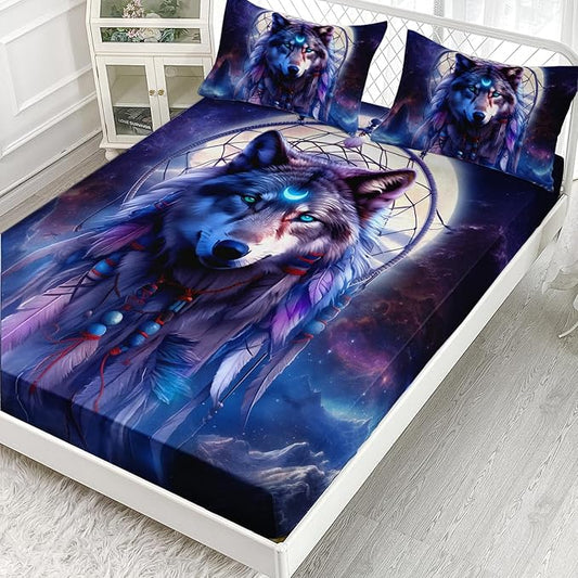 AILONEN Wolf Dream Catcher Fitted Sheet Set Twin Evening Purple Galaxy Starry Moon Wolf Bed Sheet with 2 Pillowcases,3 Pieces Wolf Print Boys Girls Twin Fitted Sheet Set