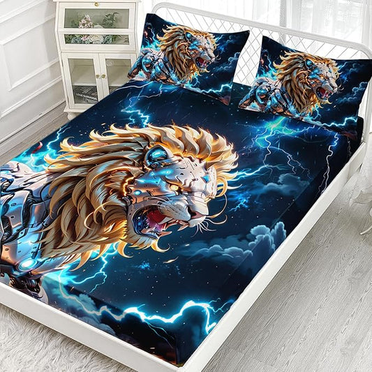 AILONEN Boys Lion Fitted Sheet Set Twin Size, Safari Animal Lion Blue Lightning 3 Pieces Printed Kids Bed Sheet Set,Wildlife Fitted Sheet with 2 Pillowcases