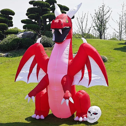 DearSun 8FT H Halloween Inflatable Dragon with Skull Next to The Foot, Blow up Dragon Inflatable with Red Flame lamp Inside Outdoor Decorations Large Party Yard Decoration