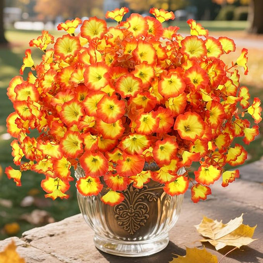 Artificial Morning Glory Fall Flowers for Outdoors, 12 Bundles UV Resistant Faux Mums, Autumn Silk Flowers for Decoration in Orange Yellow