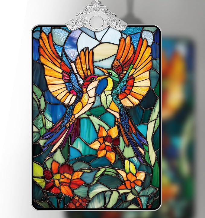 Birds Stained Glass Ornament, 2025 Christmas Tree Hanging Decoration for Gift Exchange or Stocking Stuffer, Holiday Decor, 3.8 x 2.4 Inch