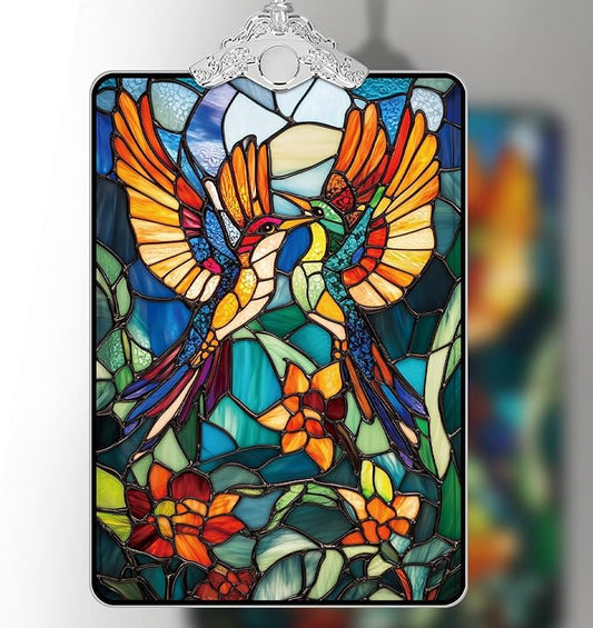 Birds Stained Glass Ornament, 2025 Christmas Tree Hanging Decoration for Gift Exchange or Stocking Stuffer, Holiday Decor, 3.8 x 2.4 Inch