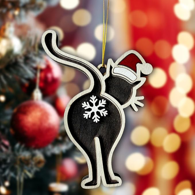 Black Cat Butt Christmas Ornament - Funny Cat Lover Holiday Decor - Wooden Kitten Tree Hanging Ornament with Snowflake Design - 2024 Xmas Ornament