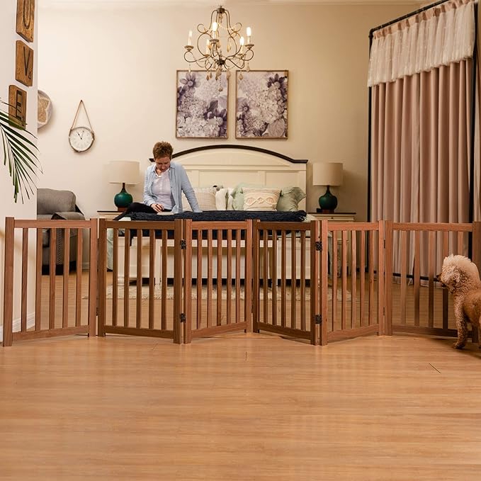 LZRS 6-Panel Extra-Wide Freestanding Wooden Dog Gate – 24”High Foldable Safety Pet Barrier for Doorways, Hallways, Kitchens, and Long Staircases, Durable Design fit Small to Medium Dogs, Oak