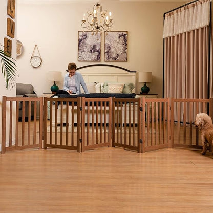 LZRS 6-Panel Extra-Wide Freestanding Wooden Dog Gate – 24”High Foldable Safety Pet Barrier for Doorways, Hallways, Kitchens, and Long Staircases, Durable Design fit Small to Medium Dogs, Oak