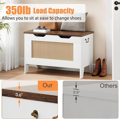 IDEALHOUSE Storage Chest, Rattan Toy Chest for Boys Girls, 30" Kids Wood Large Toy Box, Storage Bench with Safety Hinge,Storage Trunk for Entryway, Living Room, Bedroom, Playroom, White