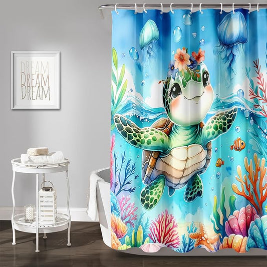 AILONEN Sea Turtle Shower Curtain for Bathroom,Cute Ocean Turtle Shower Curtain with 12 Plastic Hooks,Colorful Coral Jellyfish Print Bath Curtain Polyester Waterproof 72" W*78" H
