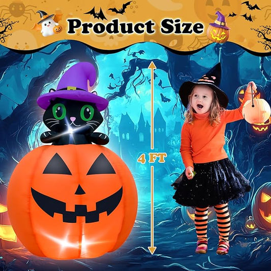 4FT Halloween Inflatable Decor Lifting Cat Pumpkins with LED Lights Indoor Outdoor Blow Up Decoration Halloween Party Holiday Decoration