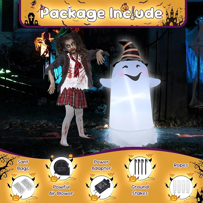 3.5FT Halloween Inflatable Decor with LED Lights Striped Hat Ghost Halloween Blow Up Decorations Indoor Outdoor Yard Garden Party Holiday Decoration