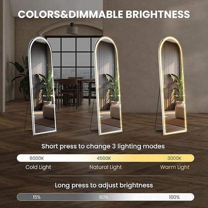 Sweetcrispy Arched Full Length Mirror with LED Lights, 60"x16" Lighted Floor Mirror with Stand, Dimming & 3 Color Lighting, Stand for Bedroom, Dressing Room
