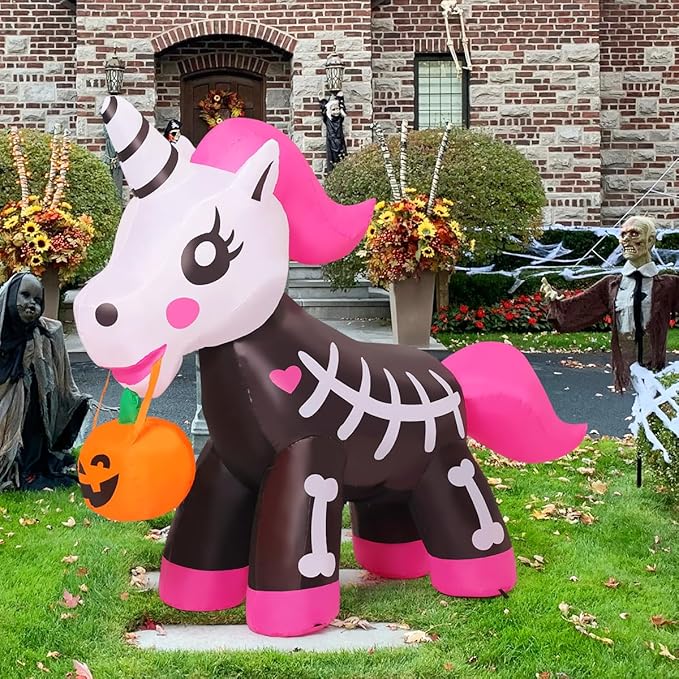 COMIN 5 FT Halloween Inflatables Skeleton Unicorn Outdoor Decorations Blow Up Yard Pink Cute with Built-in LEDs for Indoor Party Garden Lawn Decor