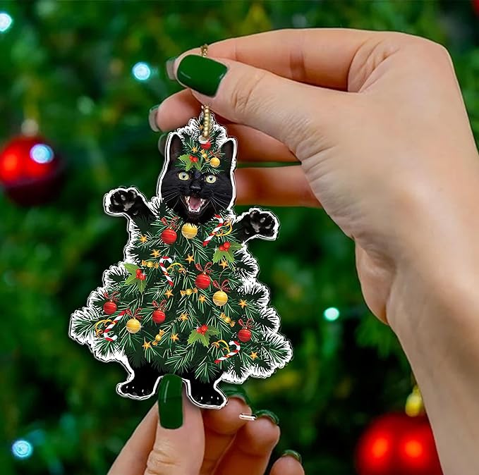 Black Cat Acrylic Christmas Ornament - Fun Holiday Decoration for Pet Owners - Festive Tree Ornament with Black Cat in a Christmas Tree Design