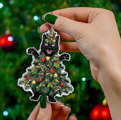 Black Cat Acrylic Christmas Ornament - Fun Holiday Decoration for Pet Owners - Festive Tree Ornament with Black Cat in a Christmas Tree Design