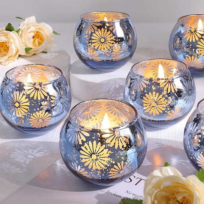 Blue Mercury Glass Votive Candle Holders Set of 12, Round Tealight Candle Holders Bulk for Table Centerpieces, Weddings, Shower Gifts, Party Decorations
