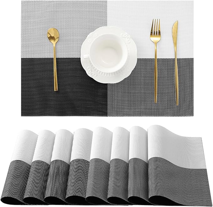 Leetaltree Gray with White Grid Pattern Placemats Set of 8 - Heat Resistant Non-Slip Place mats for Dining Table, Washable Durable PVC Vinyl Woven Table Mats（Grey Grid, 8）