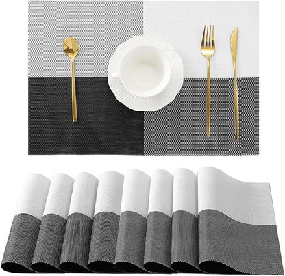 Leetaltree Gray with White Grid Pattern Placemats Set of 8 - Heat Resistant Non-Slip Place mats for Dining Table, Washable Durable PVC Vinyl Woven Table Mats（Grey Grid, 8）