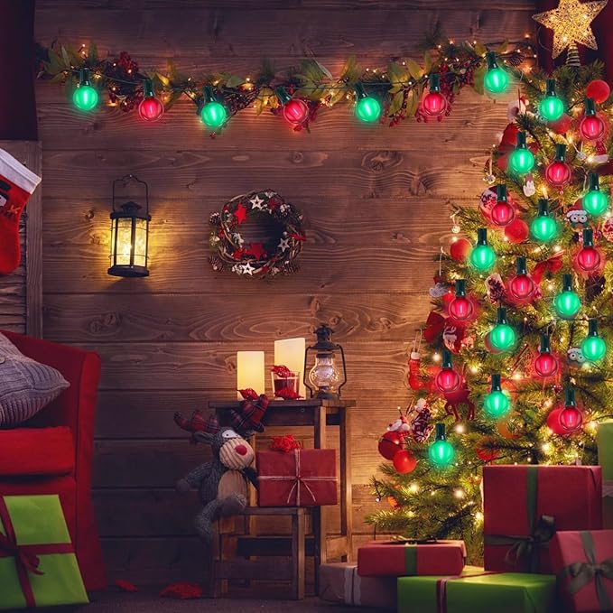 G40 LED Outdoor Christmas String Lights 50FT Hanging Globe String Light with 27 LED Shatterproof Frosted Red Green Lights(2 Spare), Waterproof Patio String Lights for Balcony Backyard Pergola Decor