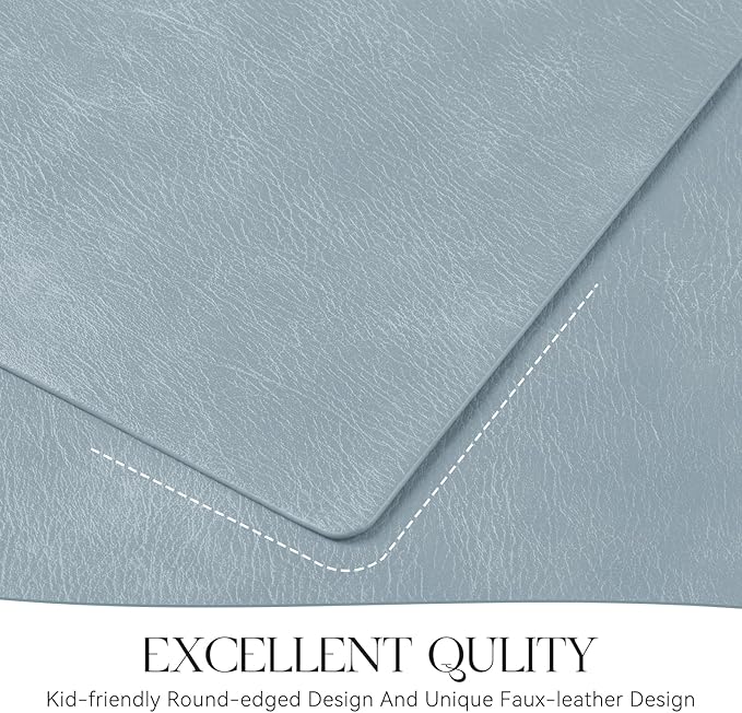 MOSAYT Vinyl Placemats Set of 4-12 X 17 Inch - Faux Leather 100% Waterproof Oil-Proof Wipeable PU Place Mats, Heat Resistant Reversible Table Mats for Kitchen, Dining, Outdoor (Sky Blue)