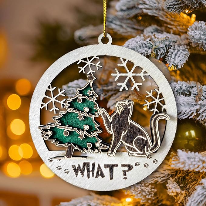 Black Cat Wooden Ornament - Funny Kitten and Christmas Tree Decoration