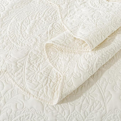 HoneiLife Queen Quilt Bedding Set - Microfiber Quilt Sets for Queen Bed, 3-Piece Lightweight Bedspreads,Reversible Coverlets Rustic Bedlinen Sets, Floral Bedding Set All Season Quilts-Beige