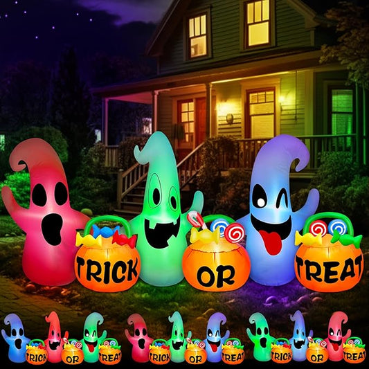 [ 3 Colors Changing Light ] TURNMEON 8 Ft Long Halloween Inflatables Three Ghosts with Pumpkin Candy Bags Halloween Decorations Outdoor Build-in LED Light Blow Up Halloween Decor Yard Party Garden
