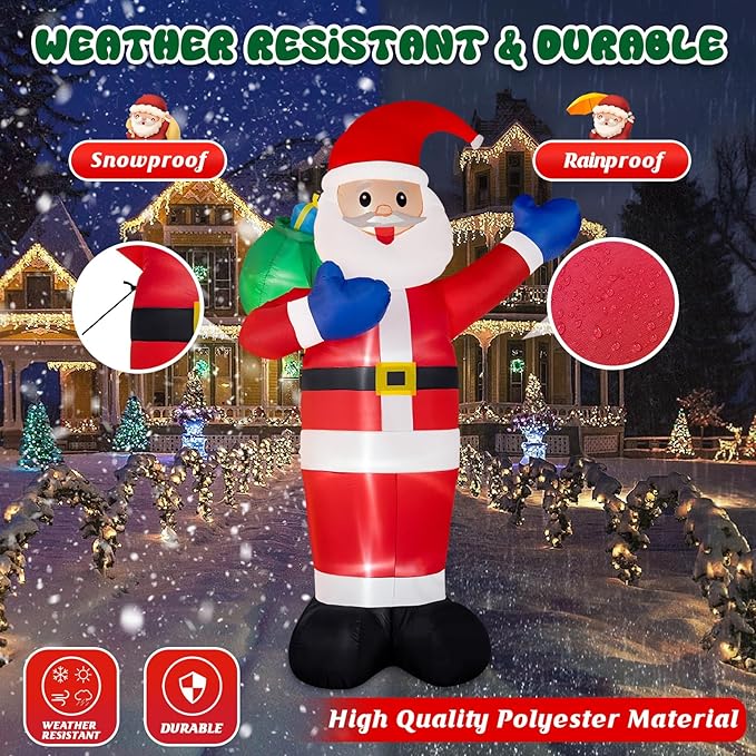 B&D 12FT Giant Christmas Inflatables Santa Claus Outdoor Decorations Built-in LED Lights, Christmas Blow Up Santa Yard Decorations with Gift Bag Inflatable Xmas Decorations for Yard Garden Lawn