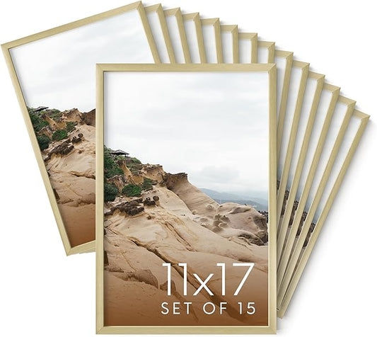HAUS AND HUES 11x17 Gold Metal Picture Frames - Features Premium Aluminum, Vertical & Horizontal Hang, Shatterproof Plexiglass - Ideal for Home, Room, Office (11x17 in, Gold, Set of 15)