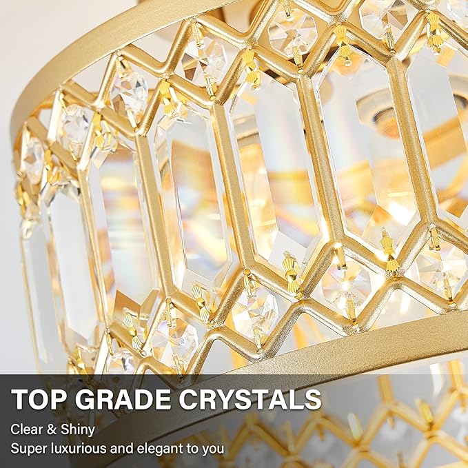 Crystal Ceiling Light Fixture, Modern Semi Flush Mount Light, Gold Lighting Fixtures Ceiling Chandelier for Kitchen, Bedroom, Dining Room, Hallway, 3-Light, 12.2 Inch
